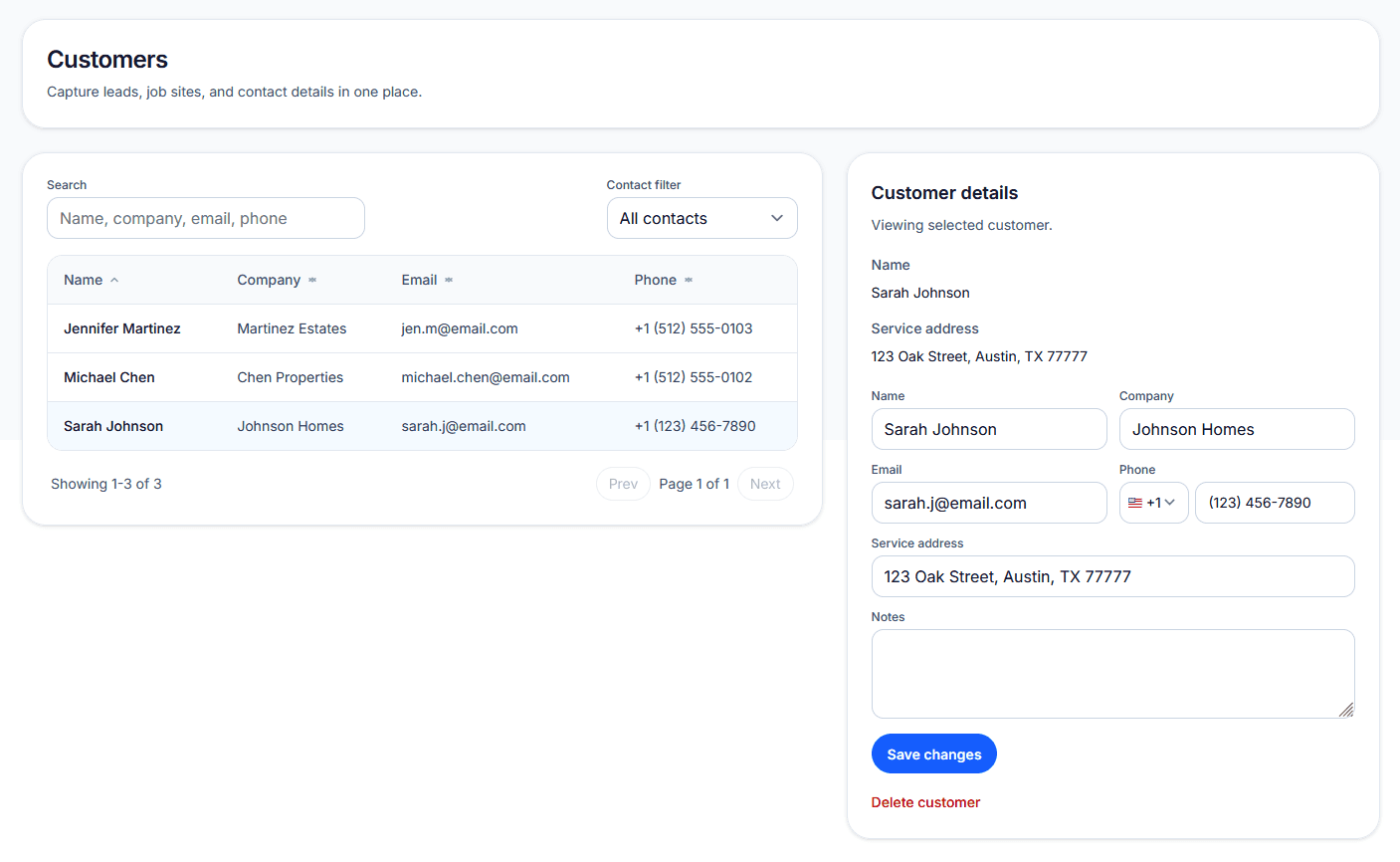 Customer records screen showing contact details, notes, and service address fields for a service business client.