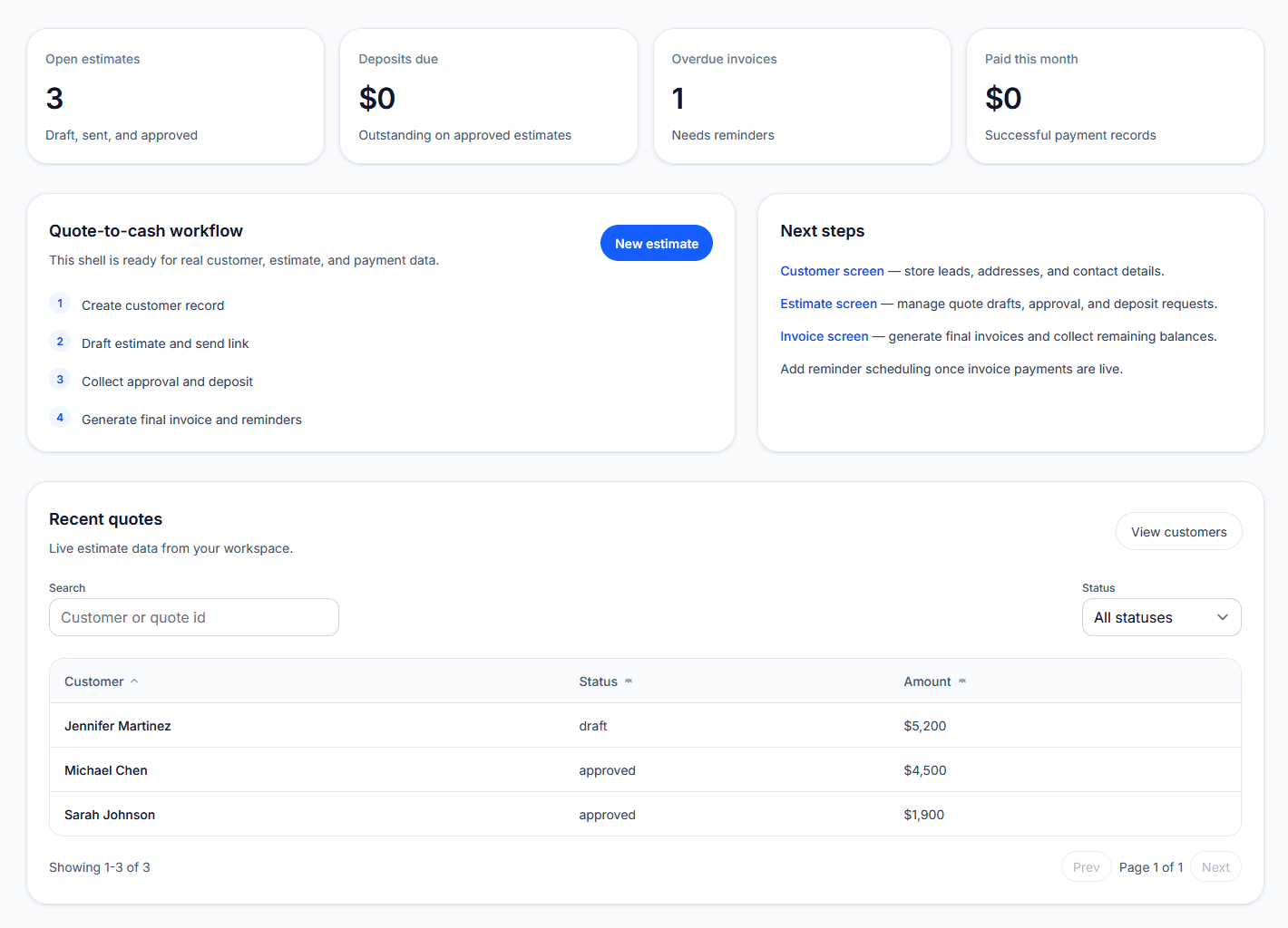 Mobile-friendly contractor dashboard showing active jobs, customer updates, and recent workflow activity.