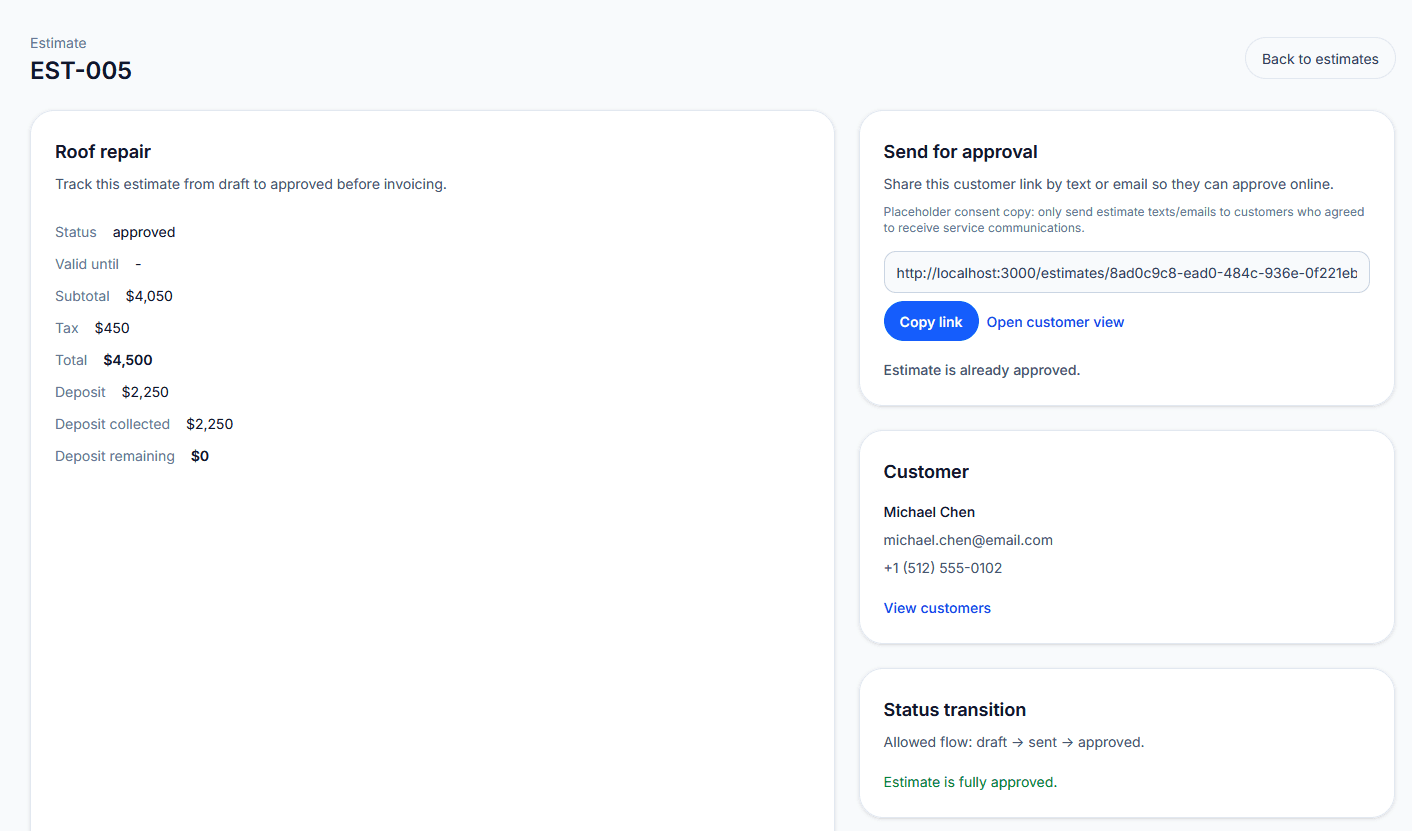 Customer-ready estimate page with approval options and pricing details accessible from a secure link.