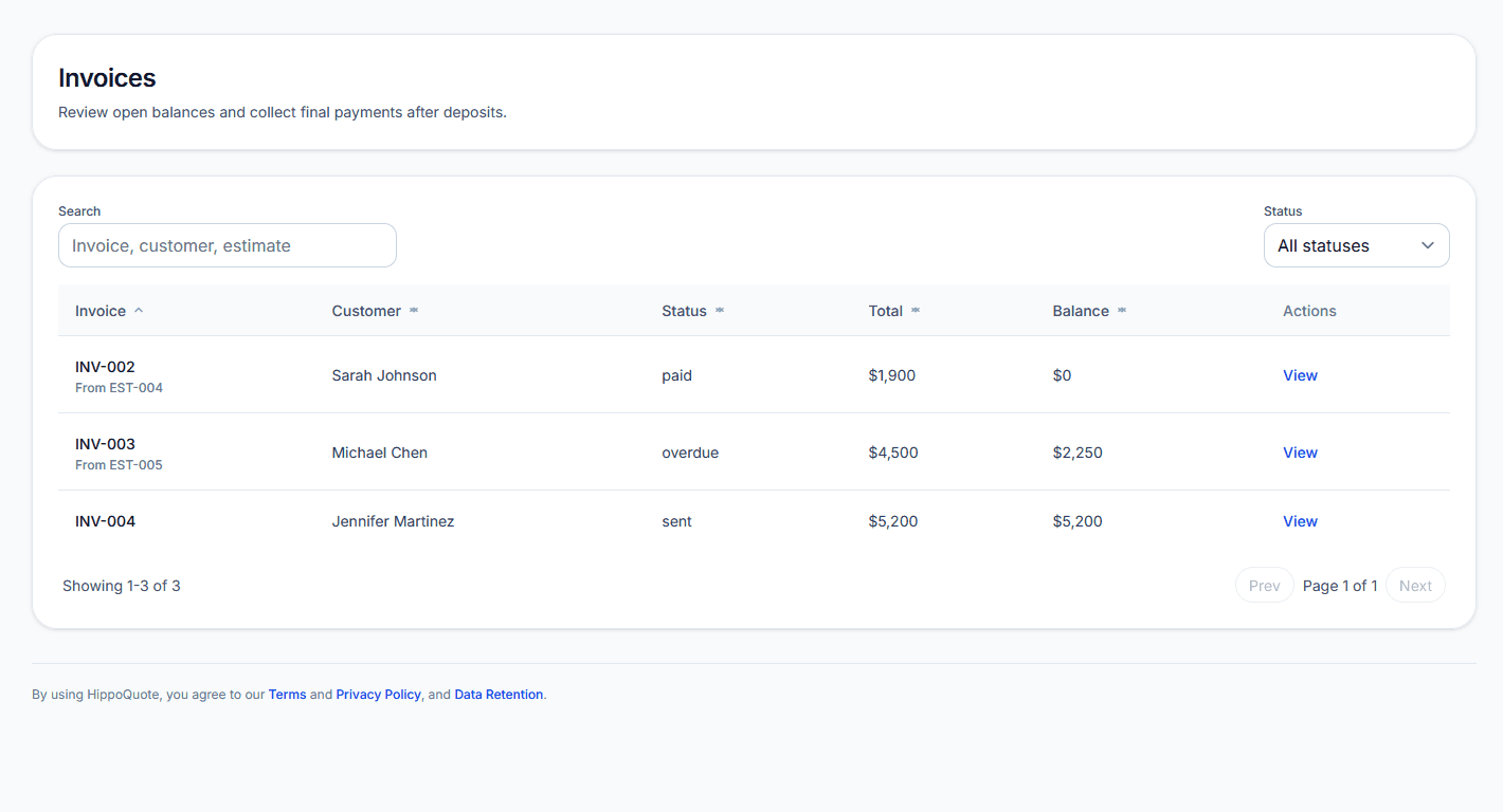Payment tracking view with deposit history, remaining invoice balance, and recent payment events.